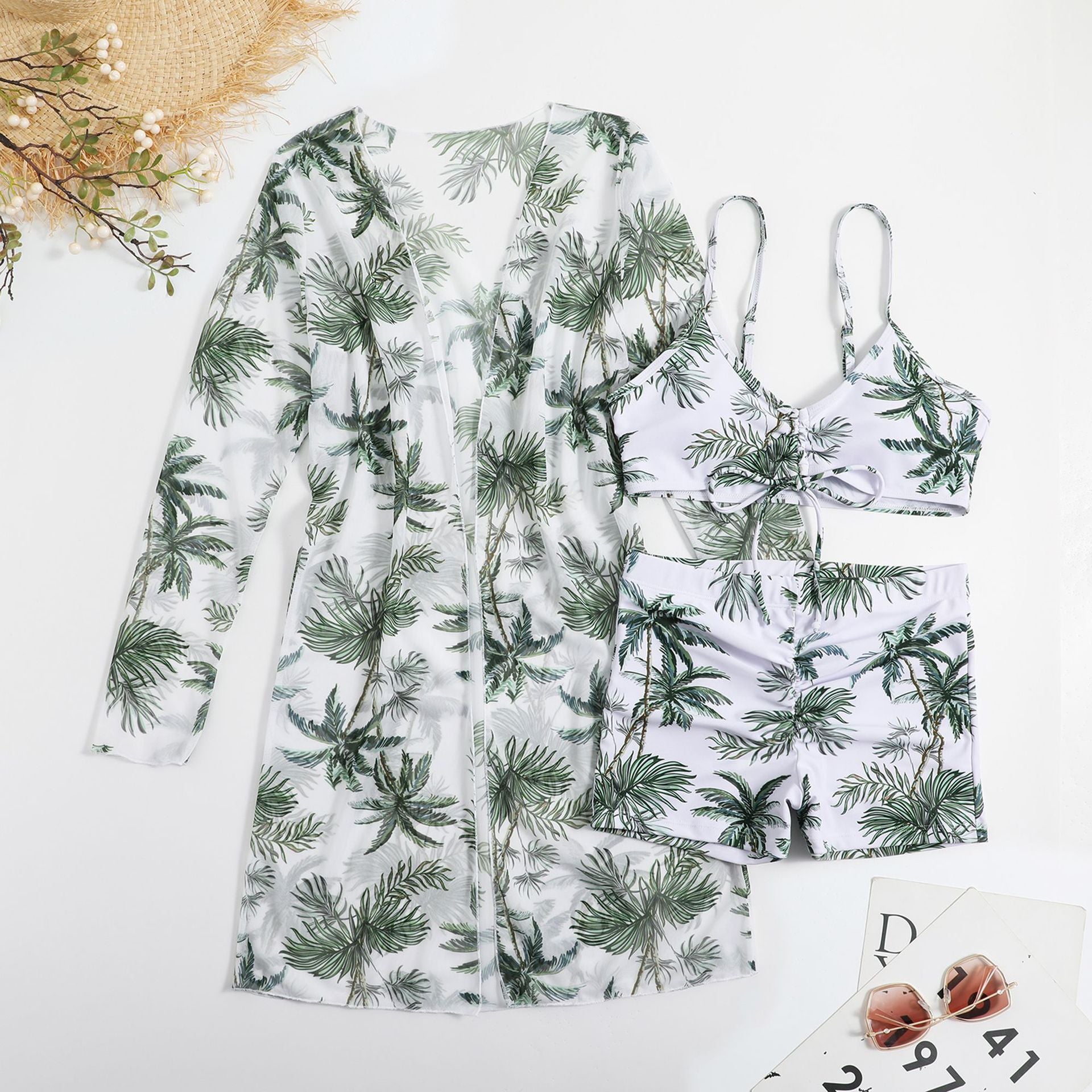 Wholesale Multicolor Printed Boxer Pants Veil Three-Piece Set Swimwear